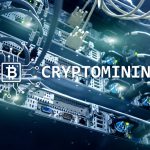 Cryptocurrency mining concept on server room background.