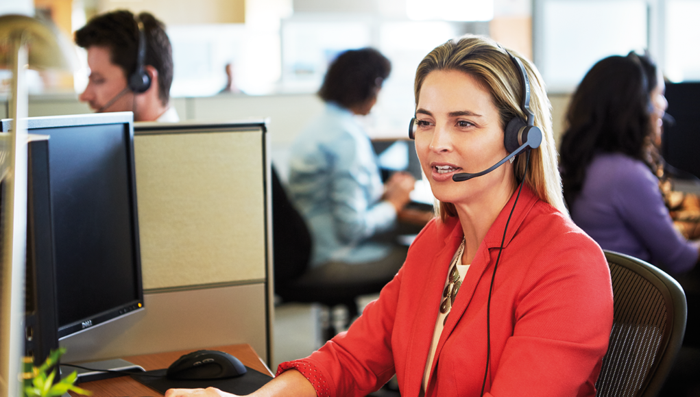 Lady wearing a Jabra Biz 2400 Wired Office Headset