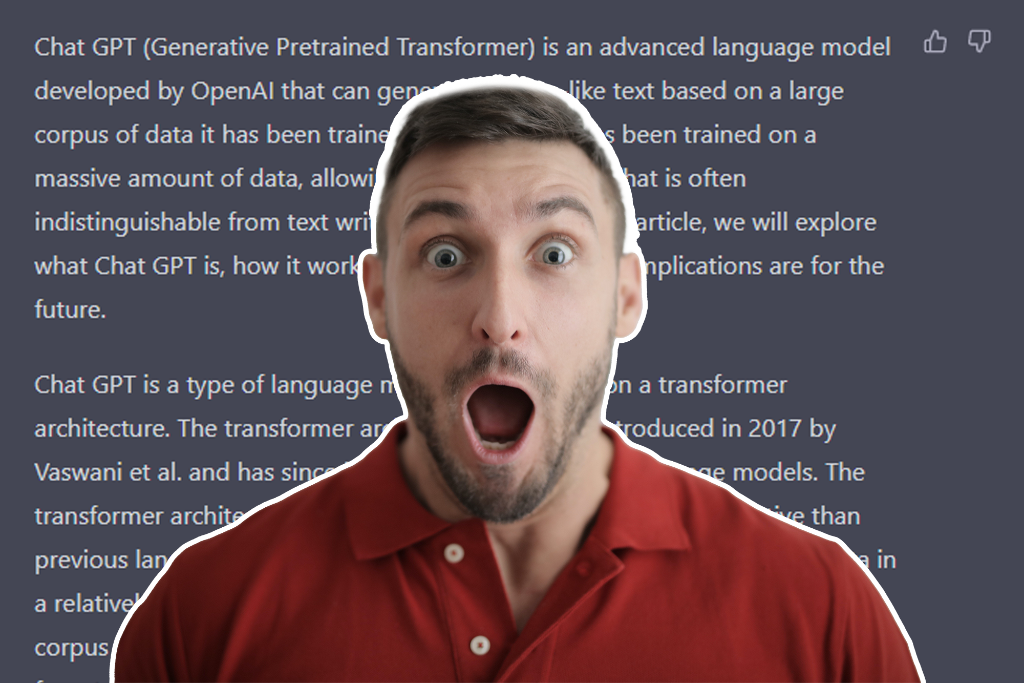A man, looking shocked in front of an article written by Chat GPT. Image coutesy of Pexels - Andrea Piacquadio