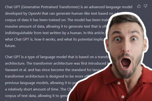 A man, looking shocked in front of an article written by Chat GPT. Image coutesy of Pexels - Andrea Piacquadio