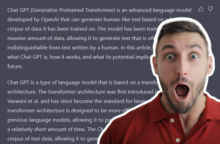 A man, looking shocked in front of an article written by Chat GPT. Image coutesy of Pexels - Andrea Piacquadio